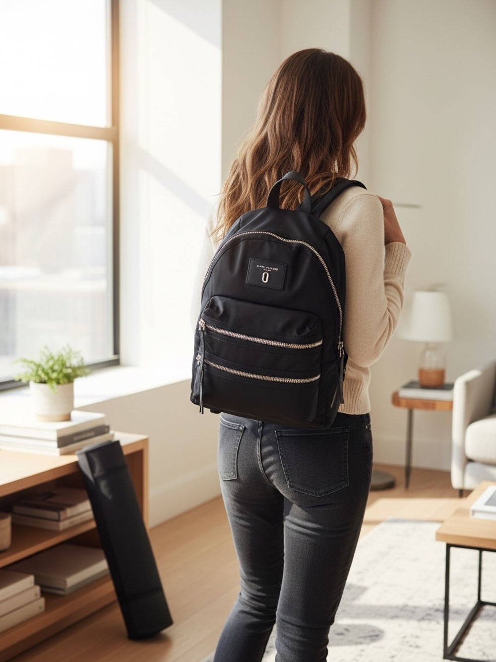 Marc Jacobs Sleek Black Backpack with Metallic Details.